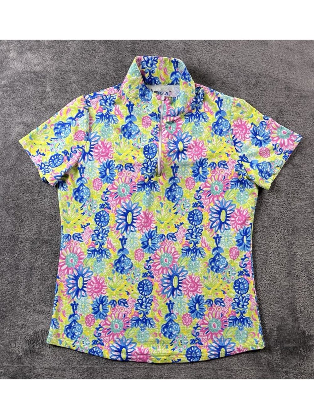 IBKUL LILLI HOT PINK MULTI Floral Short Sleeve Mock Golf Shirt - Women’s Small